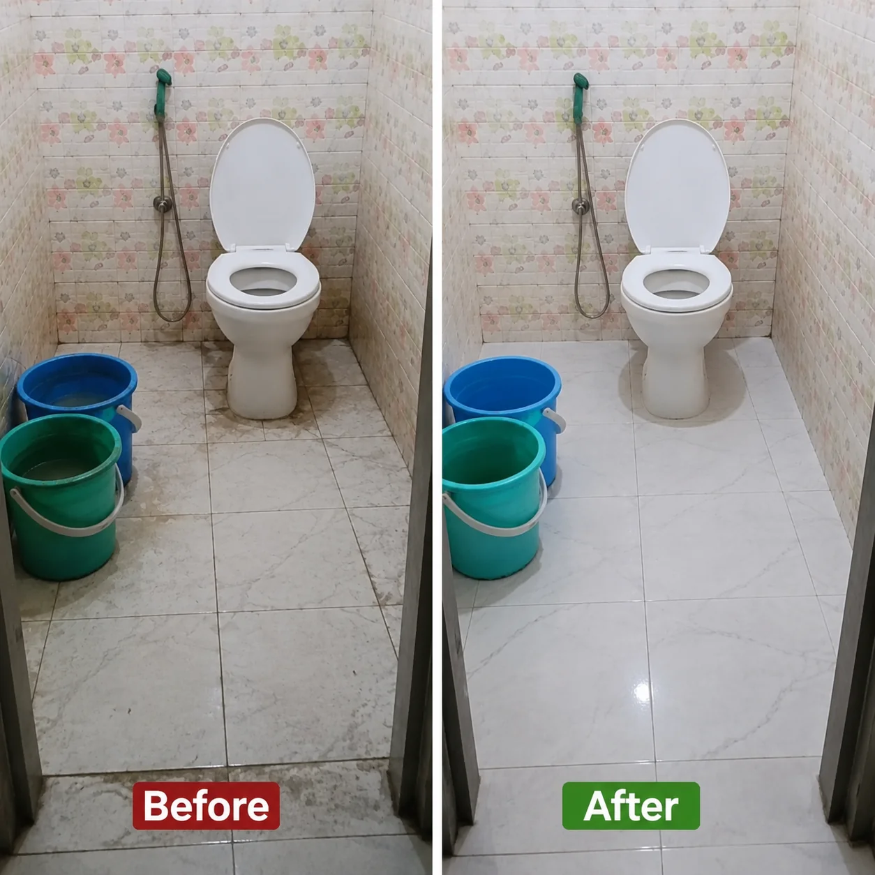 Clean bathroom with white tiles and glass shower enclosure after professional treatment